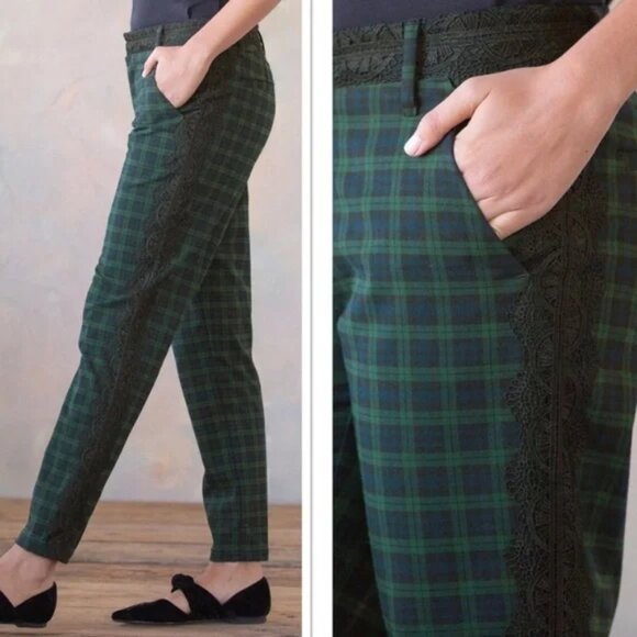 Sundance Plaid Tartan Black Lace Straight Leg Pants 16 Stretch Business Casual - Picture 1 of 14